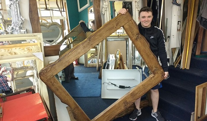 Happy customer leaving with large natural edged Mirror.. 